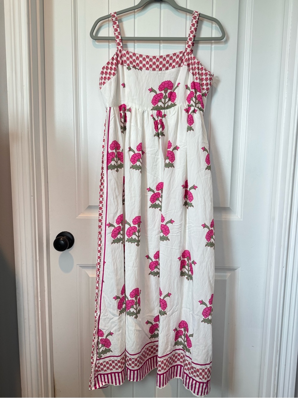 TCEC White Square Neck Midi Dress with Bright Pink Floral Print